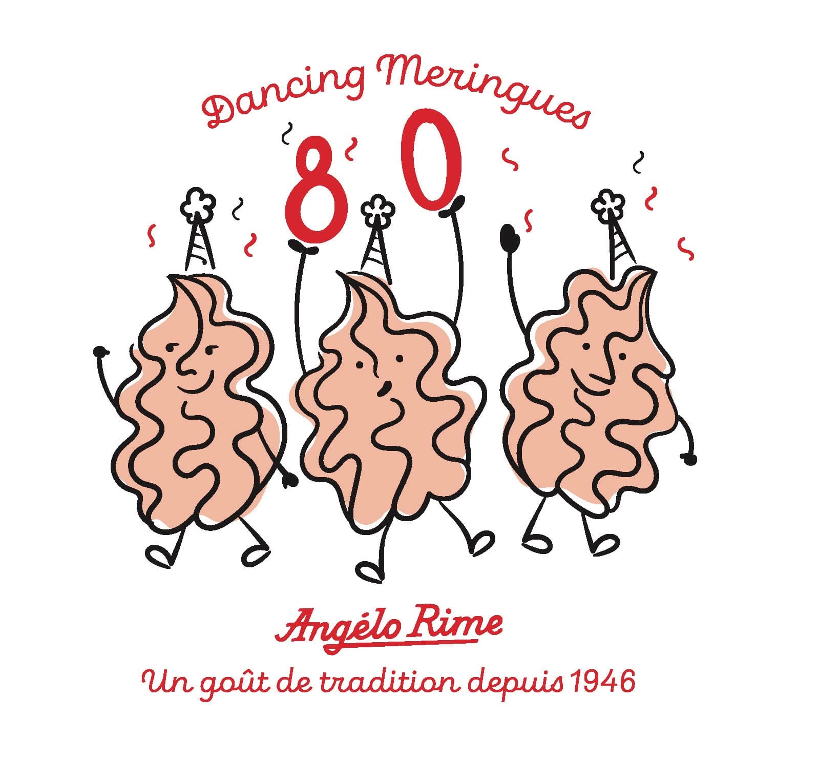 Illustration anniversaire « Dancing Meringues » — 80 ans, Angélo Rime, un goût de tradition depuis 1946